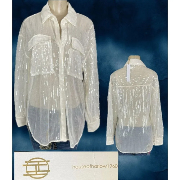 House Of Harlow 1960 M Cream Sheer Mesh Sequin Button Collar Long Sleeve Blouse - Picture 1 of 6